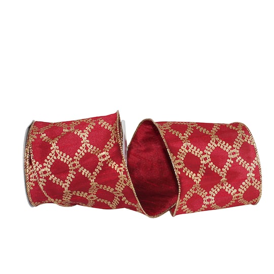 Reliant 4" x 10yd. Scarlet Filigree Crest Dupione Wired Ribbon